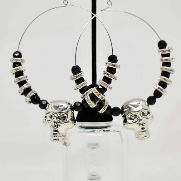 My White Gold Dipped White Topaz Large Skull Hoops - Picture 1 of 8